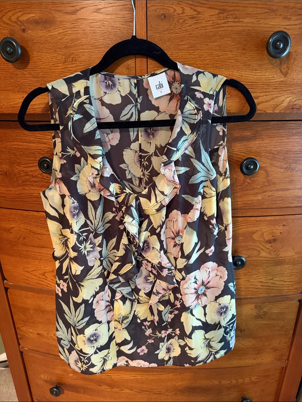 CAbi Black Floral Ruffle Sleeveless Camisole
